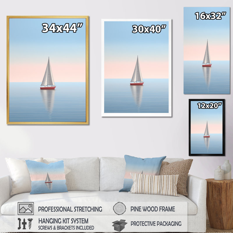 «Coastal Calm» rose et bleu photo de voilier I sur toile, H 20 po x l 12 po x P 1 po, Toile tendue