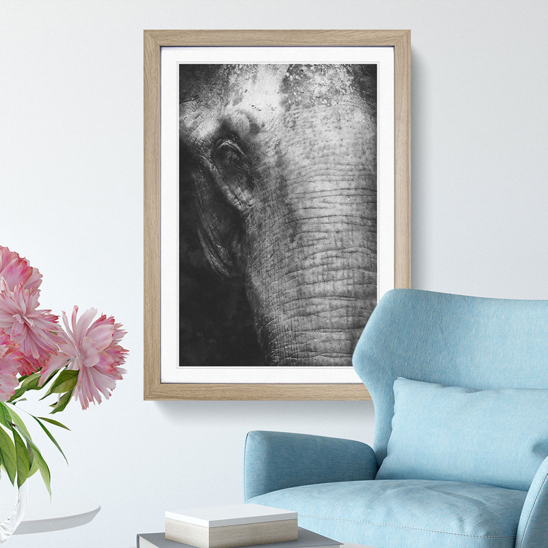 Mighty Elephant in the Shadows - Picture Frame Painting Print, 33cm H x 24cm W x 2cm D, Oak Framed