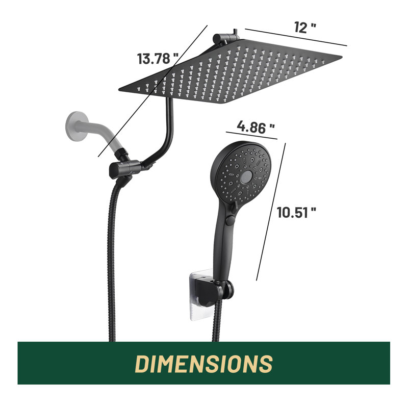 Adjustable 12" High Pressure Dual Shower Head with 12-Spray Handheld Shower, Matte Black