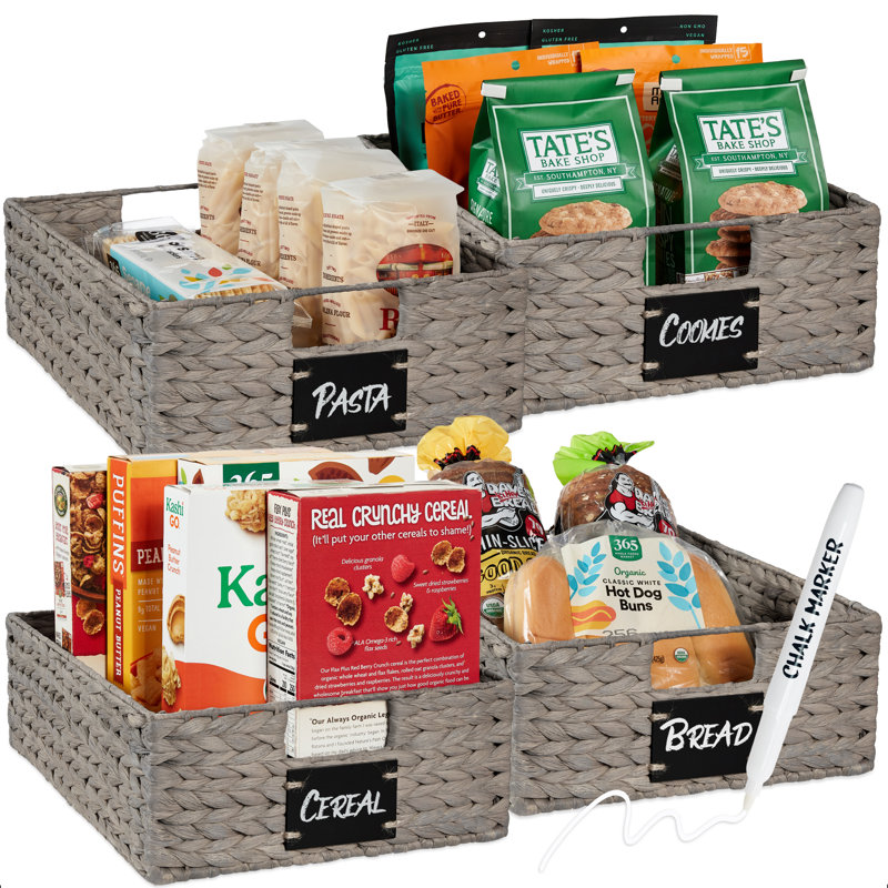 4 16x12in Woven Water Hyacinth Pantry Baskets w/ Chalkboard Label, Chalk Marker, Natural