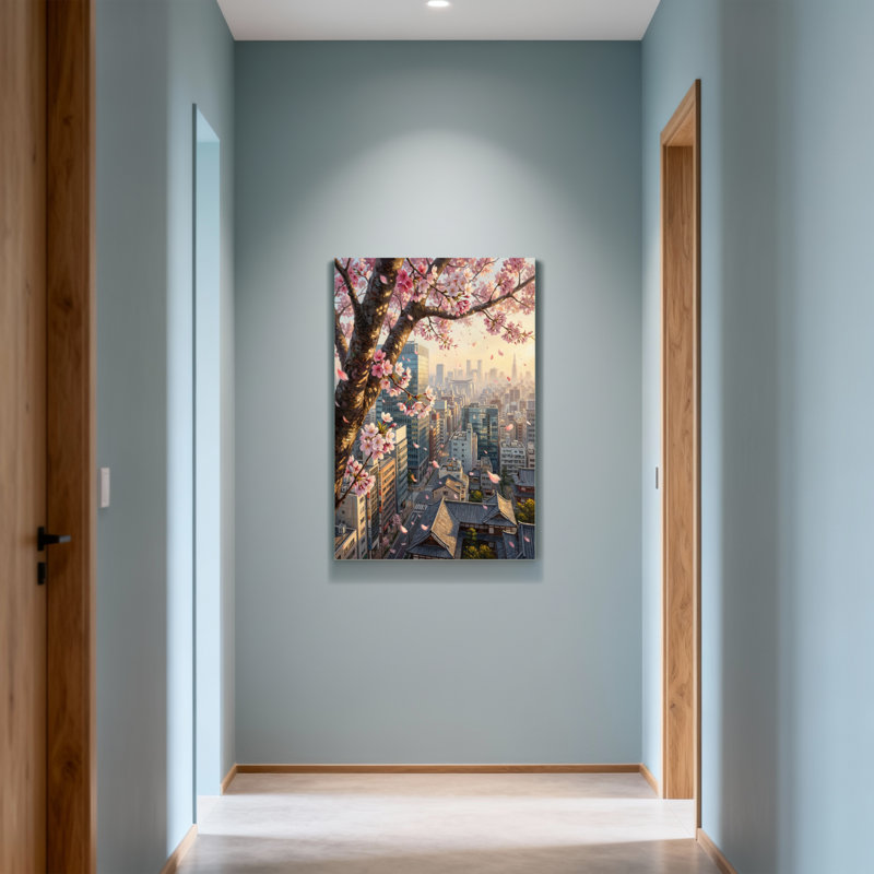 Plantes et fleurs, paysage de cerisiers en fleurs avec toit traditionnel, H 40 po x l 28 po
