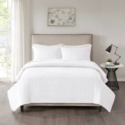 3 Piece Quilt Reversible Full/Queen White - Square Check Pattern, , Washable Fabric Design, Filling, Easy Wash