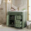 Meuble-lavabo de salle de bain 36 po Mid-Century vert avec comptoir, poignées en métal et structure en bois massif-1538212838
