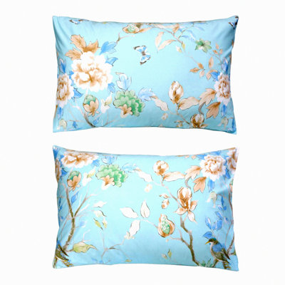 Elegant Peony Print 800TC Cotton Pillowcases - Sky Blue - Soft Breathable Bedding - Luxury Floral Pillow Covers - 19x29 inch