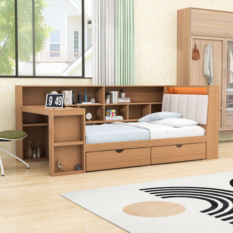 Lit de jour en bois 2 tiroirs avec bureau, tablettes, bibliothèque et lumière RVB, Lit simple, Dérive en mer
