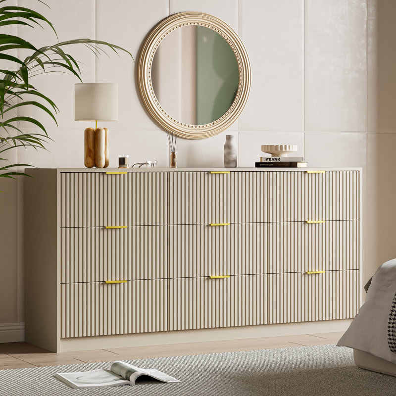 Commode 9 tiroirs Aphan, l 63 po, Beige