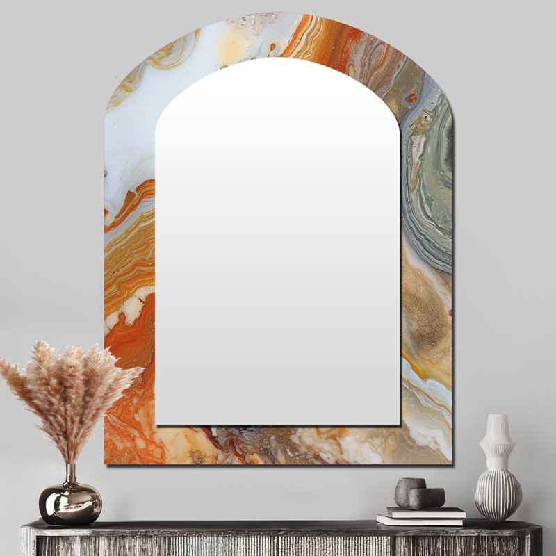Symphonie orange orange beige - miroir décoratif à arche abstraite, miroir mural asymétrique orange, impression d'art en métal