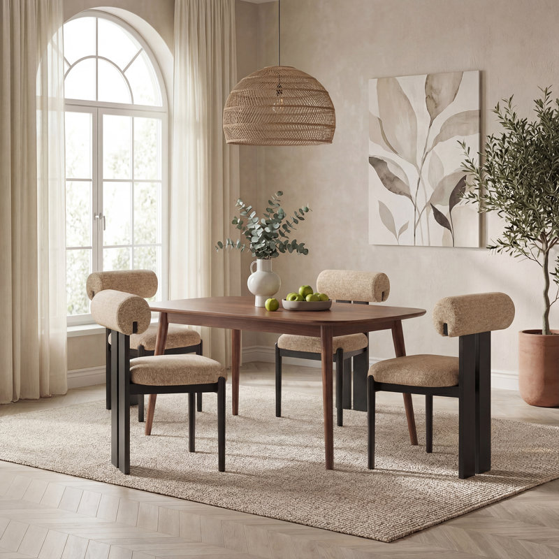 48cm H Upholstered Dining Chair in Camel, Black, 4, Camel