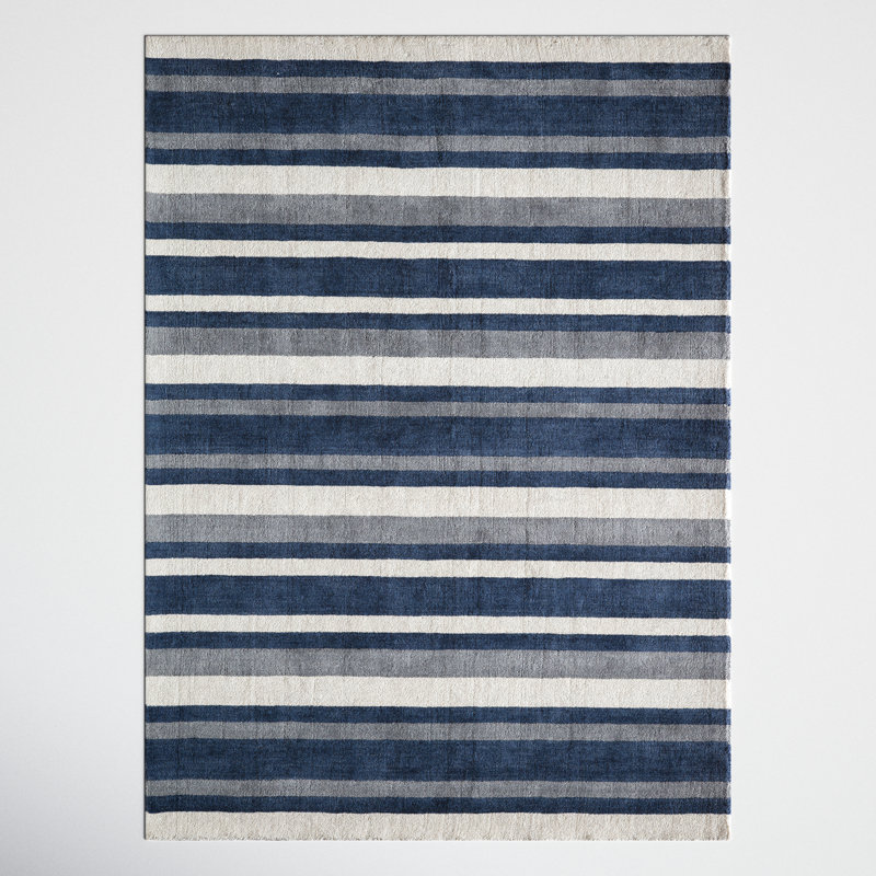 Winston Striped Handmade Tufted Wool Area Rug in Navy/Ivory Rug, Rectangle 8' x 11'