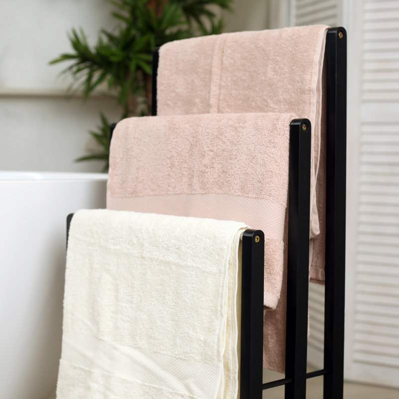 Froppi Bamboo Free Standing Towel Rack Black Wooden Towel Holder with 3 Silver Bars L42 W24 H81.5 cm