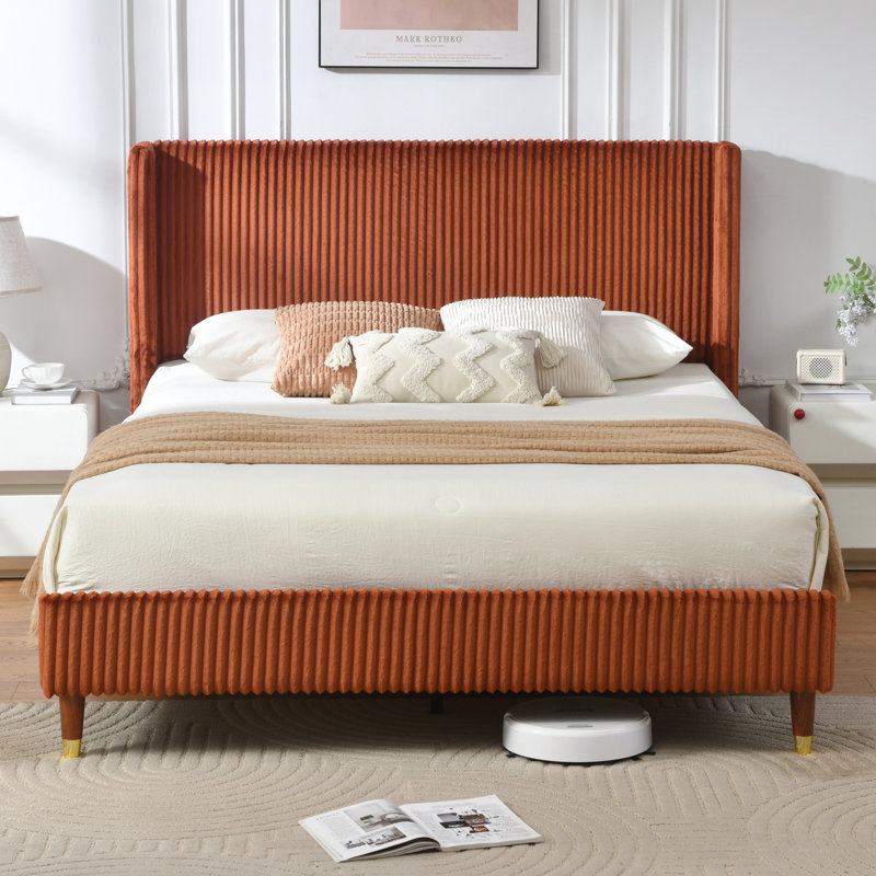 Luxury Modern Wingback Corduroy Upholstered Bed, Queen, Ocher