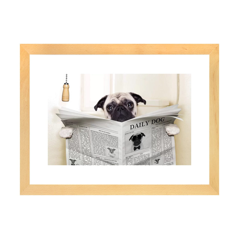 Toilette pour chien-impression d’art graphique, Toile avec cadre en bois beige, Blanc, H 24 po x l 32 po x P 1 po