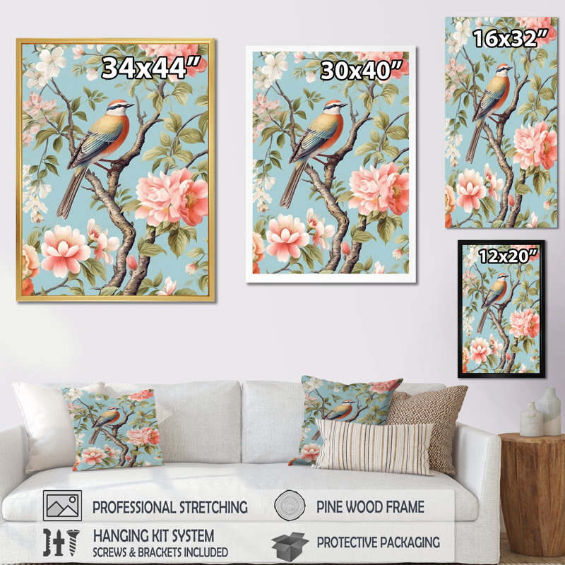 Chinoiserie, oiseaux et pivoines II, Cadre simple noir, H 20 po x l 12 po x P 1 po