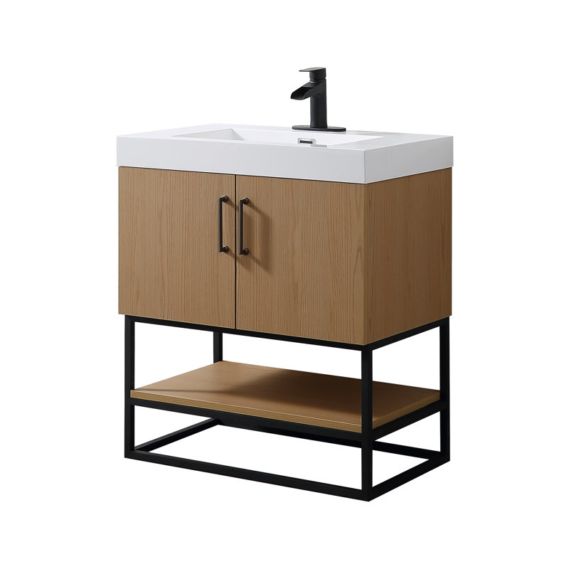 30" Free Standing Single Bathroom Vanity with Resin Top in Oak