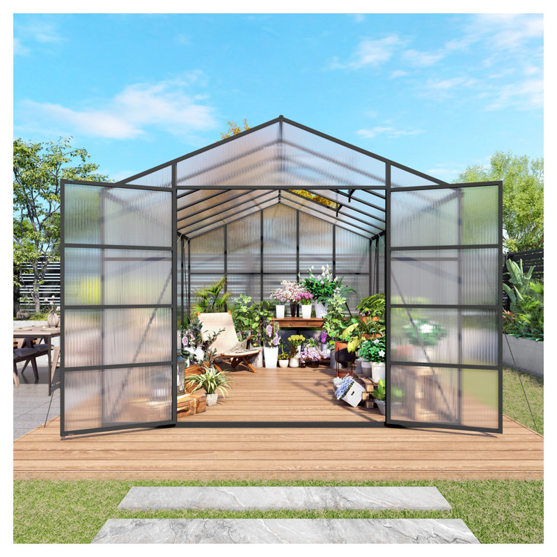 10x14 FT Heavy Duty Aluminum Greenhouse with Polycarbonate Panels - Walk-in Outdoor Garden House for All Season Planting