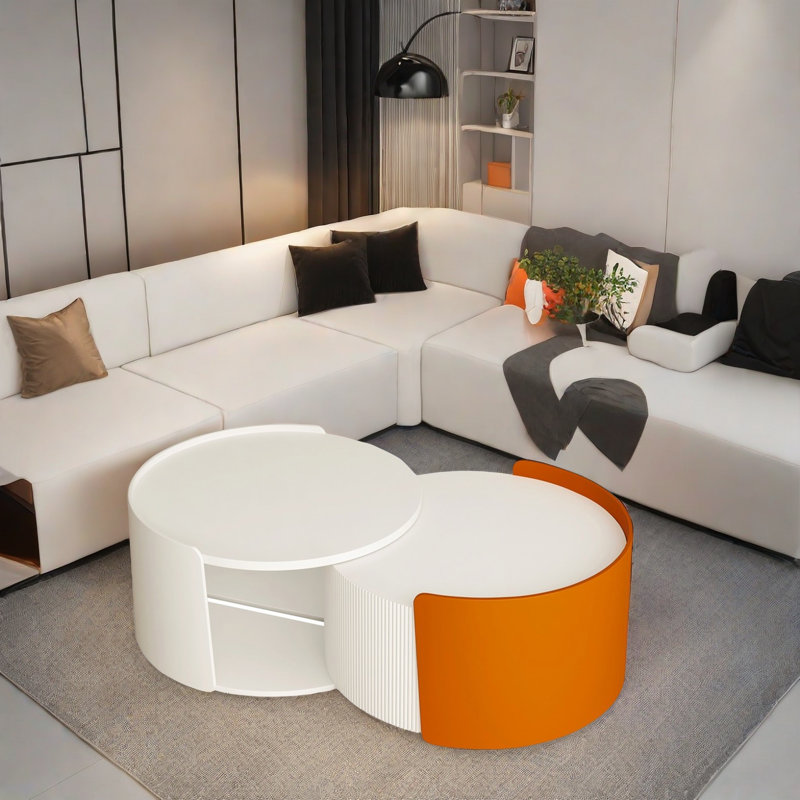 Round Nesting Coffee Table, Side Tables With Extendable Sliding Tabletop, For Living Room, White