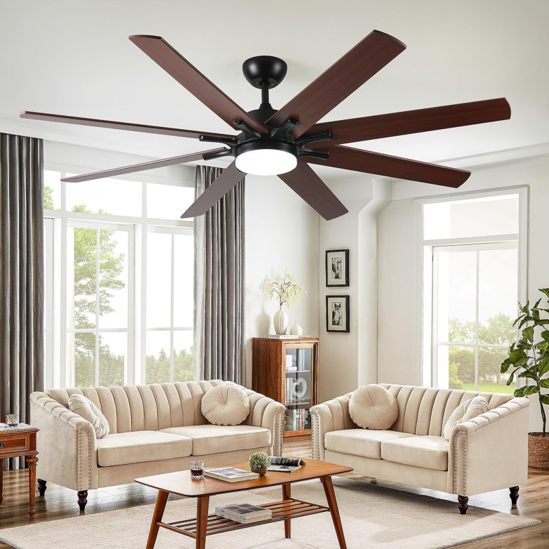 Grands ventilateurs de plafond de 72 pouces avec lumières et télécommande, ventilateur de plafond moderne noir intérieur / extérieur pour la cuisine du salon, moteur CC réversible à 6 vitesses, double finition 8 pales