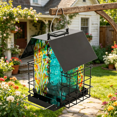 Solar Bird Feeder For Outdoor Hanging, Hand-Blown Glass Container, 2 Suet Cake Cages, All-Weather Metal Roof, Dual Perches, Seed And Suet For Woodpeckers And Wild Birds, Teal