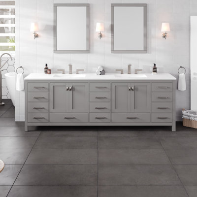 Erma 96 In. Gray Double Sink Bath Vanity With Carrara Quartz Top And Undermount Porcelain Sinks