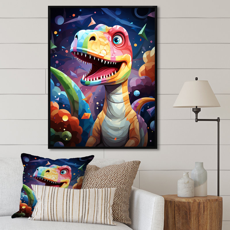 Cubiste mignon, dinosaure pour enfants - art mural dinosaure, Cadre flottant noir, H 32 po x l 16 po x P 1 po