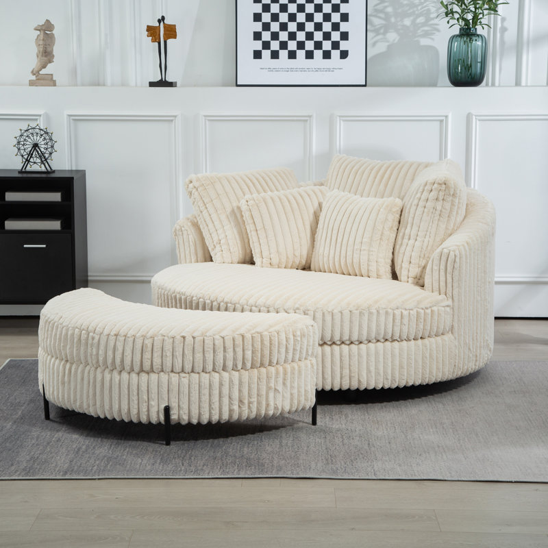 Fauteuil demi-tonneau rembourré avec repose-pieds, Fausse fourrure beige