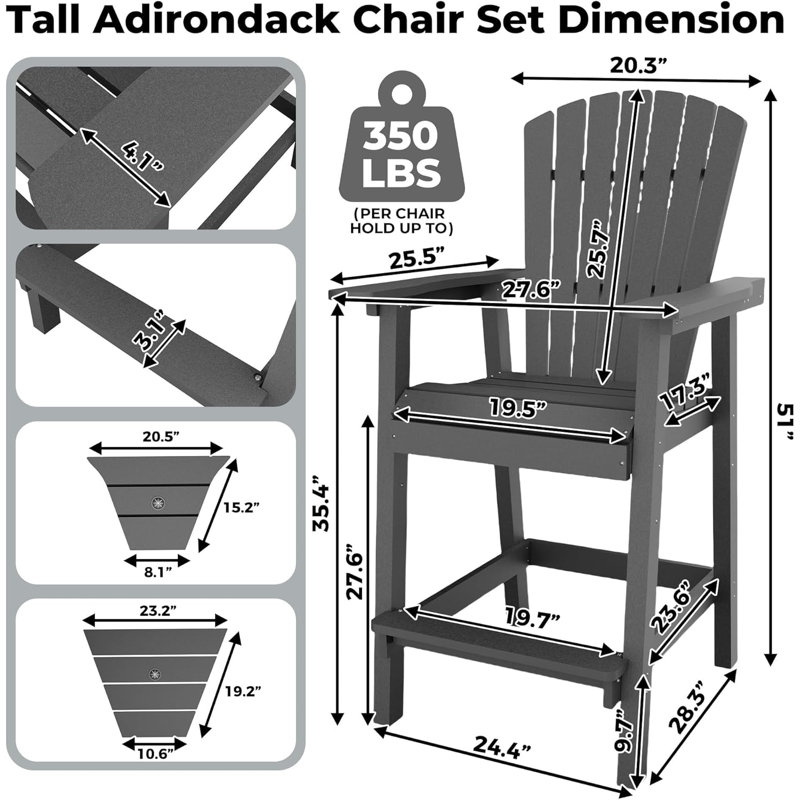 Outdoor Recycled Poly Adirondack Barstools with Connecting Tray, Tall Adirondack Chairs Bar Chairs for Deck, Balcony, Backyard, Patio Bar Stool Chair with High Back Weather Resistant Set of 2