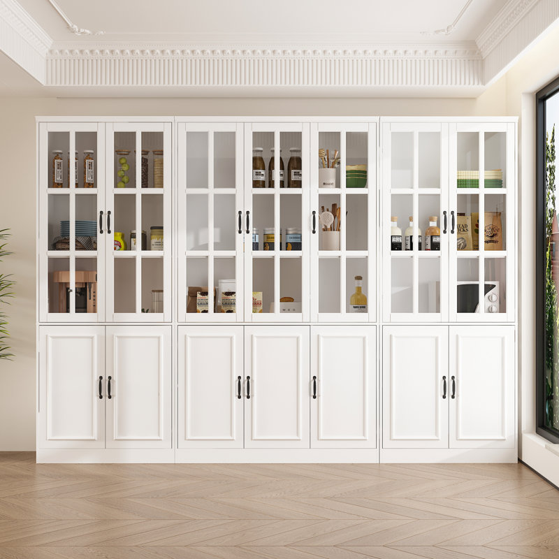 Grande commode à rangement multiple l 110,2 po avec portes en verre et en bois