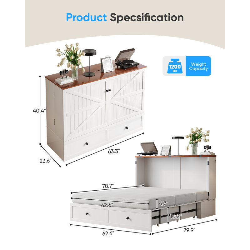 Queen Murphy Bed with USB Charging Station & Drawers,White, Queen