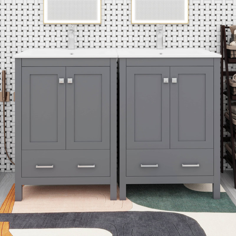 Meuble-lavabo 48 po avec lavabo encastré intégré, tiroir divisé et tablette à double couche, Gris