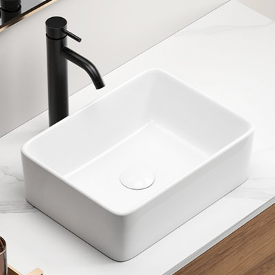 Lavabo vasque de salle de bain rectangulaire blanc 16 po x 12 po, drain central de 1 à 3/4 po et lavabo de comptoir en céramique lisse pour salle de bain, conception rectangulaire, argile