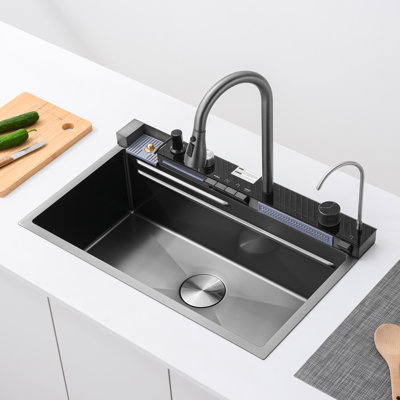 30"L Drop-in Single Bowl Stainless Steel Kitchen Sink with Pull-out Faucet, Digital Display, Cutting Board, Colander, Basket Strainer