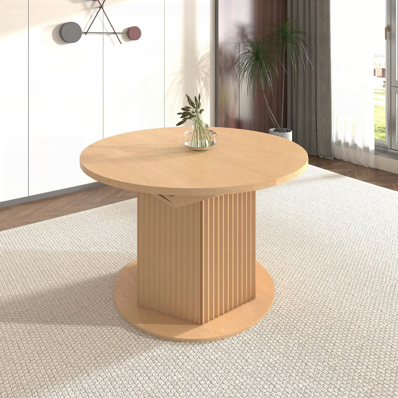 Table de salle à manger extensible ronde avec base hexagonale texturée - panneau de fibres à densité moyenne et bois d'hévéa, 47,24 po à 63 po