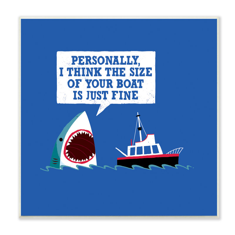 «Silly Shark Eating Boat Ship Blue Ocean Waves» par Michael Buxton - impression, L 12 po x H 12 po, Plaque murale