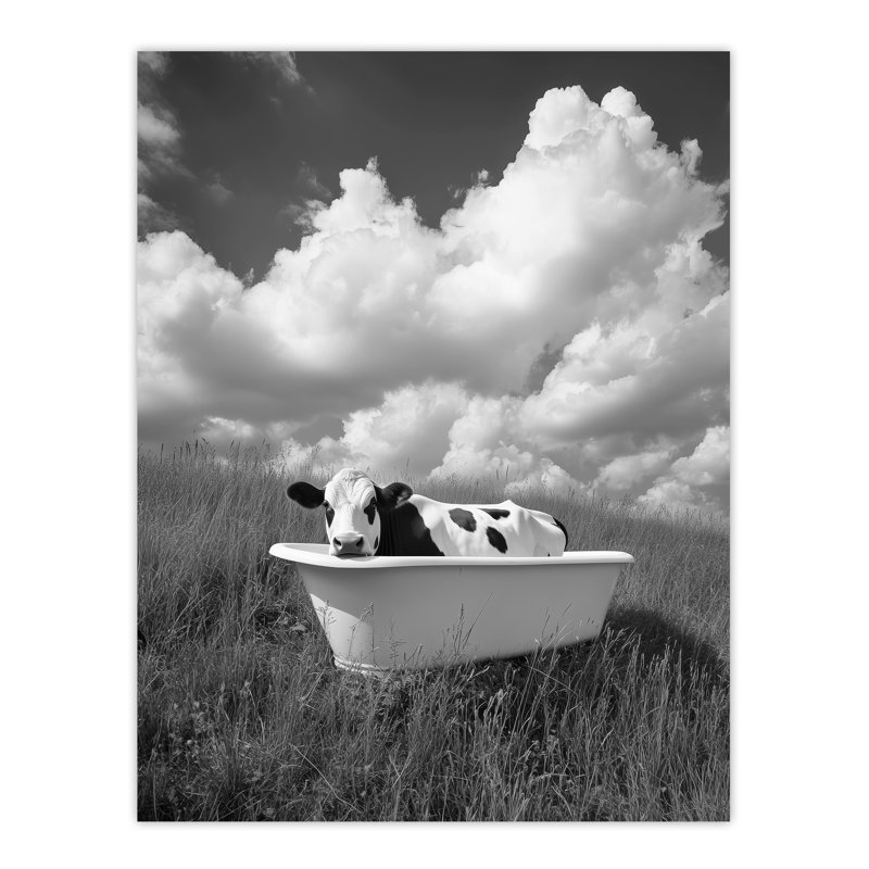 Cow In Bathtub in a Field Surreal Wall Art Print
