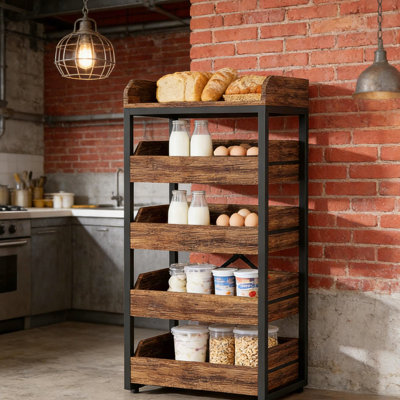 Support à collation et panier à vin avec support de rangement en bois. Conception coulissante pour les essentiels de cuisine. Idéal pour le salon. Matériaux, brun rustique noir. 23,39 po de profondeur, 40,22 lb. Rapide