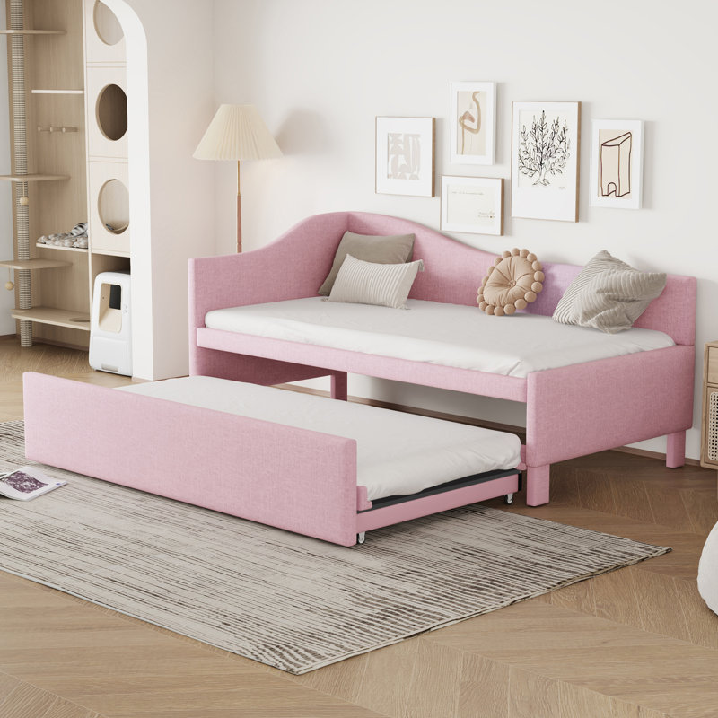 Twin Size Upholstered L-Shaped Upholstered Daybed With Pop Up Trundle, Pink, Pink