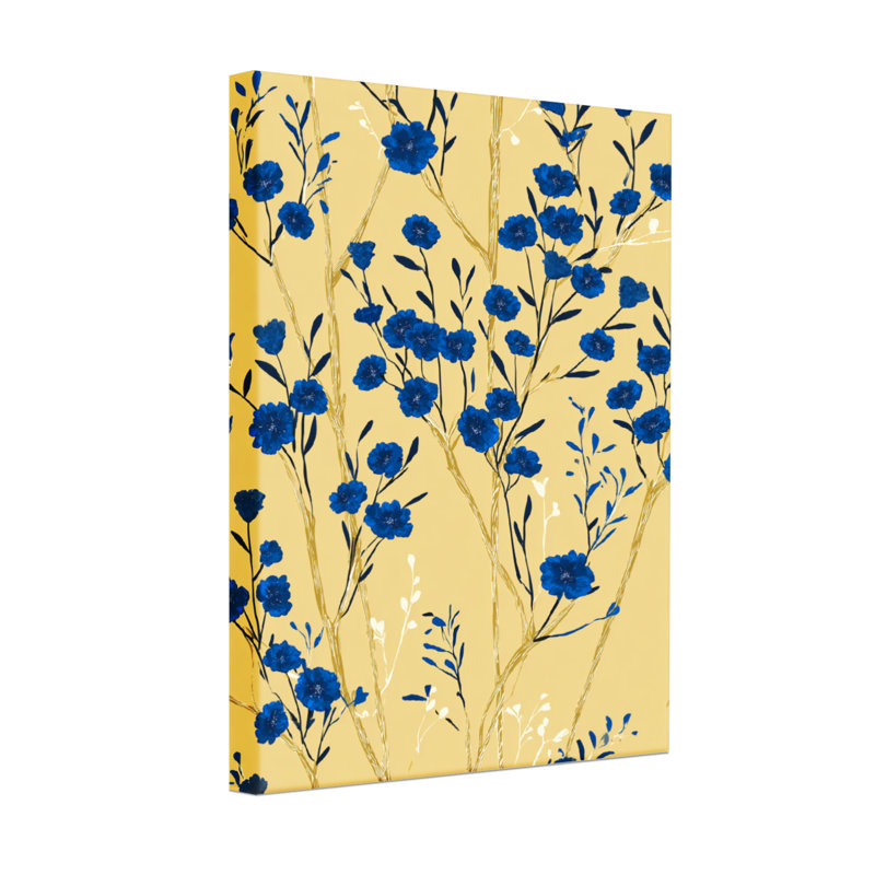 Plantes et fleurs Fleurs bleues sur fond jaune avec tiges dorées, H 18 po x l 12 po