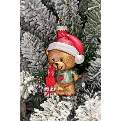 Christmas Glass Ornament - Teddy Bear with Gift by Wizardi F07M3-14 HB-SY25084