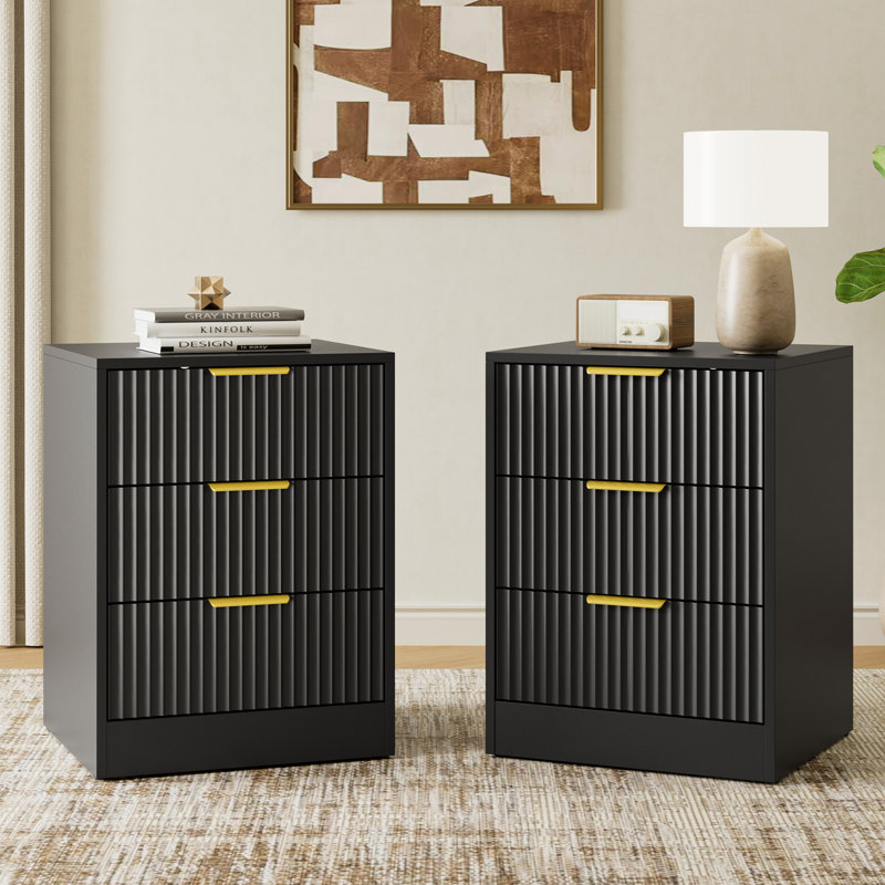 Ensemble 3 pièces commode 9 tiroirs et table de chevet 3 tiroirs, Noir