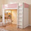 Lit mezzanine double en bois massif avec barrières de sécurité rembourrées en similicuir, armoire, tiroirs, étagères et éclairage DEL d'ambiance, blanc-60429924-60429926