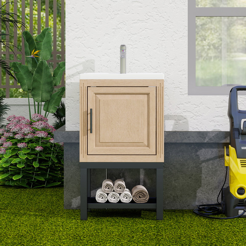  Meuble-lavabo autoportant avec lavabo en céramique et tablette de rangement 20 po, chêne naturel, Beige