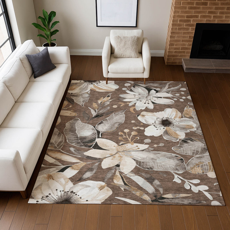 Tapis floral intérieur / extérieur lavable à la machine London ACN2260, Rectangle 5 pi x 7 pi 6 po