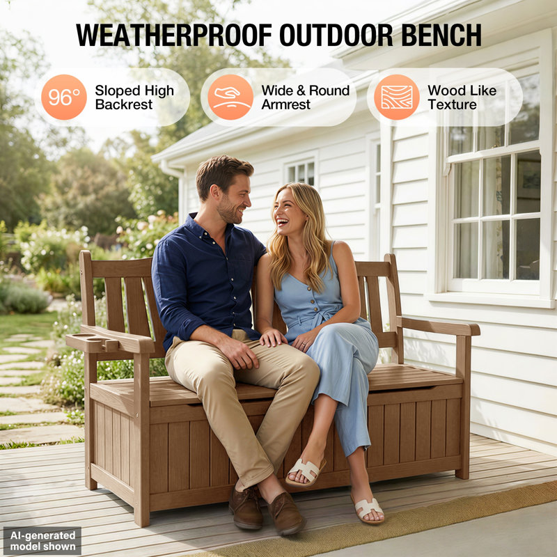 Storage Bench Deck Box For Patio Furniture, Front Porch Decor And Outdoor Seating – Perfect To Store Garden Tools, Brown