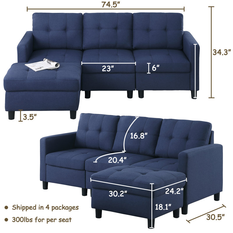 Kentrell Modular Sofa With Ottoman, Blue, 34.3" H x 74.5" W x 30.5" D