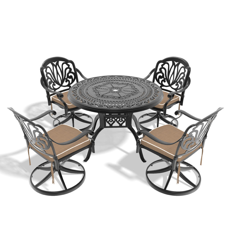 Ensemble de salle à manger 5 pièces en aluminium coulé résistant aux intempéries, comprenant 4 chaises pivotantes et une table ronde de 39,37 po avec structure noire