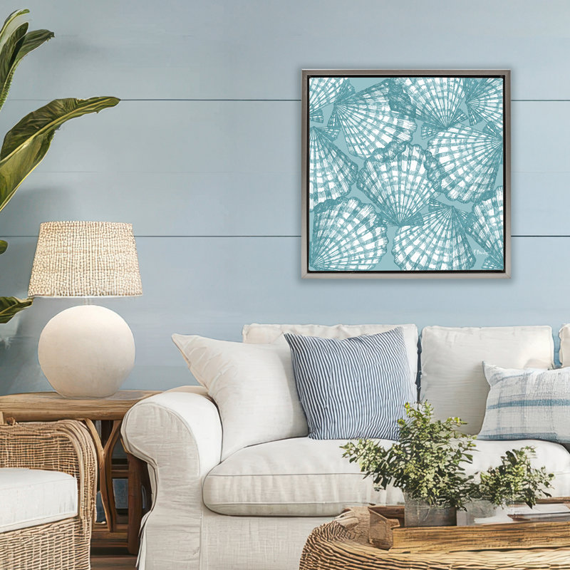 Cadre flottant à motif de coquillages Tropez, par Paul Brent, H 25 po x l 25 po, Cadre flottant gris lustré