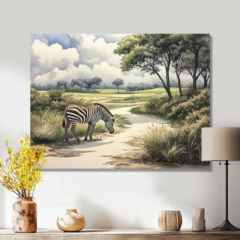 Aquarelle Zèbre jardin II - animaux, décoration murale en métal, impression zébrée, H 12 po x l 20 po