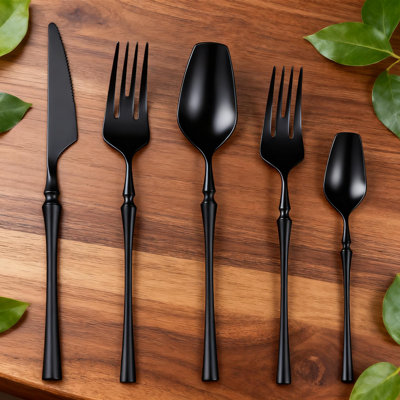 Ensemble de couverts 20 pièces noir mat pour 4, couverts en acier inoxydable 18/10 avec un design gravé unique, ensemble de couverts poli miroir pour la maison et le restaurant, va au lave-vaisselle