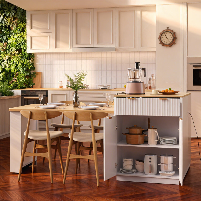 Îlot de cuisine cannelé 82,6 po avec table de salle à manger extensible pour 4 à 6 personnes, table d'îlot de cuisine avec prise de courant, table de cuisine avec rangement double, 2 tiroirs et 2 tablettes ouvertes latérales, blanc