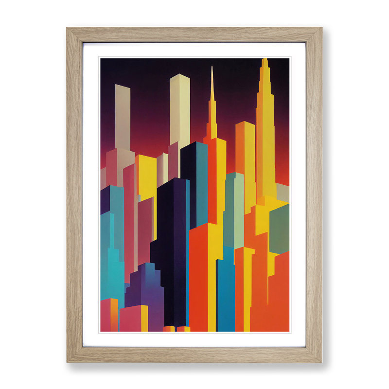 Breathtaking City Skyline Abstract - Wall Art, 48cm H x 36cm W, Oak Framed, White